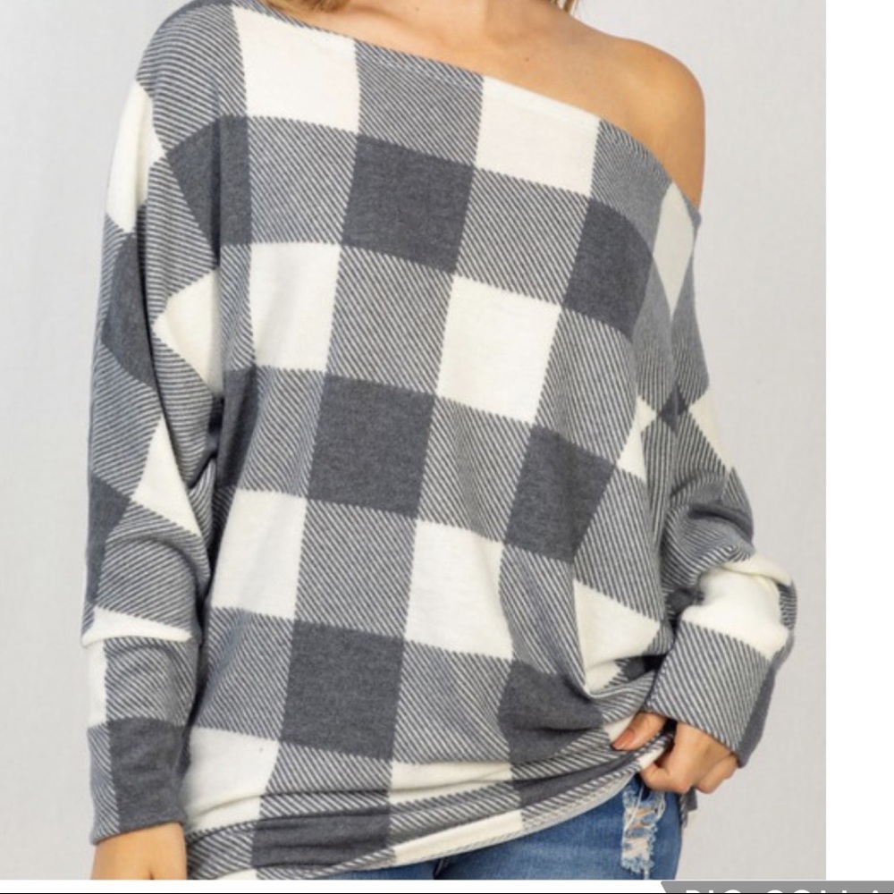 Off the shoulder buffalo plaid top
